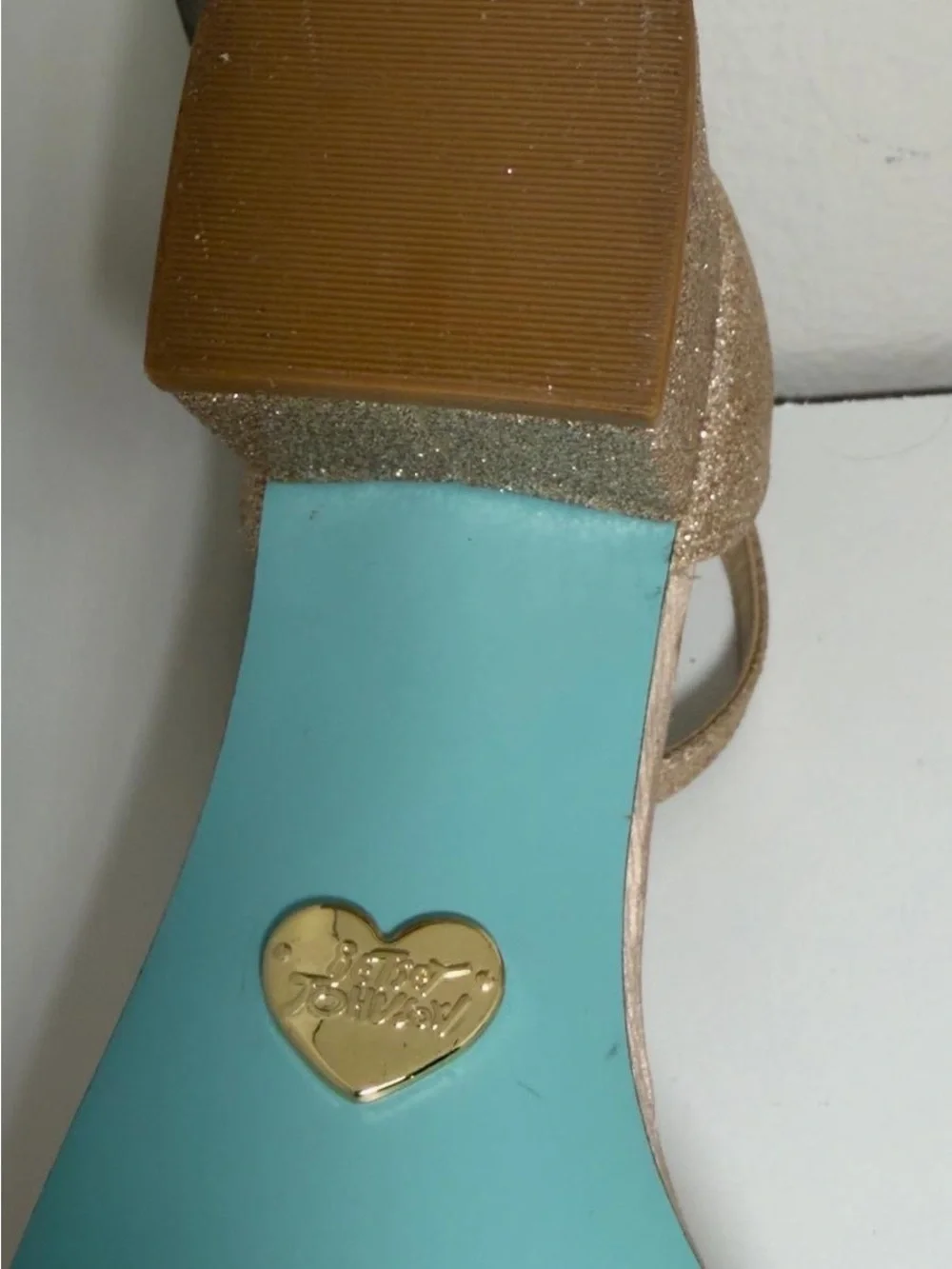Betsey Johnson Rose Gold Glitter Block Heel Sandals
